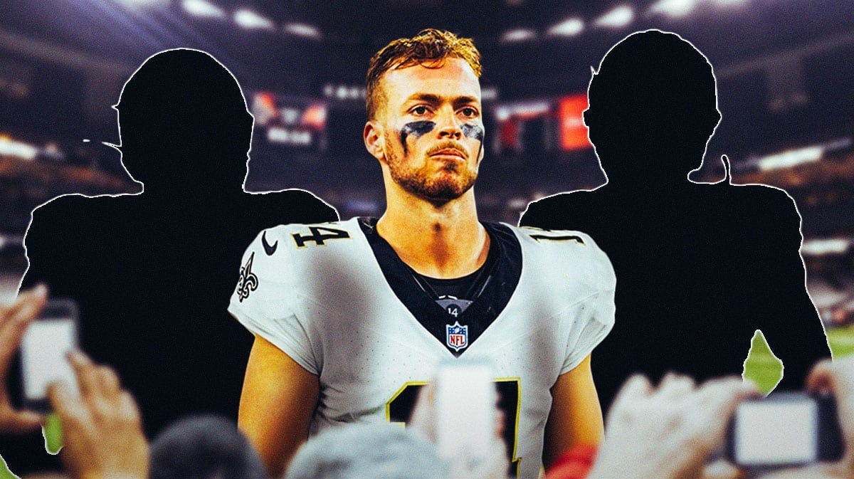 Saints Jake Haener with silhouette of Trevor Penning on the left and silhouette of Jamaal Williams on the right with Saints background.