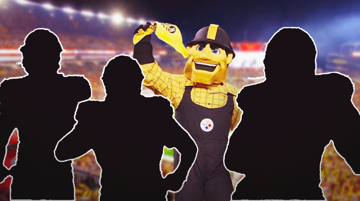 Steelers mascot with three mystery players in silhouette.