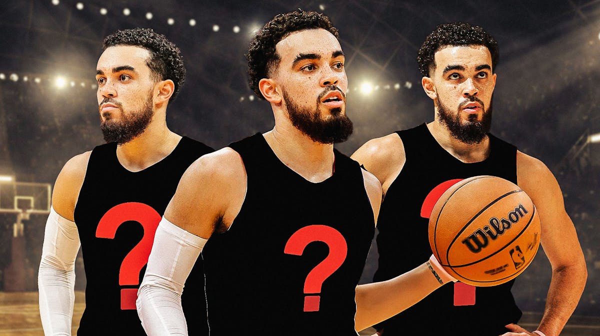 Three different pictures of Tyus Jones wearing different blank jerseys with question marks on them.