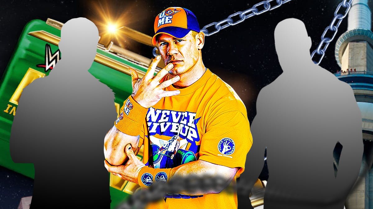 John Cena in the middle with the blacked-out silhouette of Cody Rhodes on the left and the blacked-out silhouette of Bron Breakker with the Money in the Bank logo as the background.