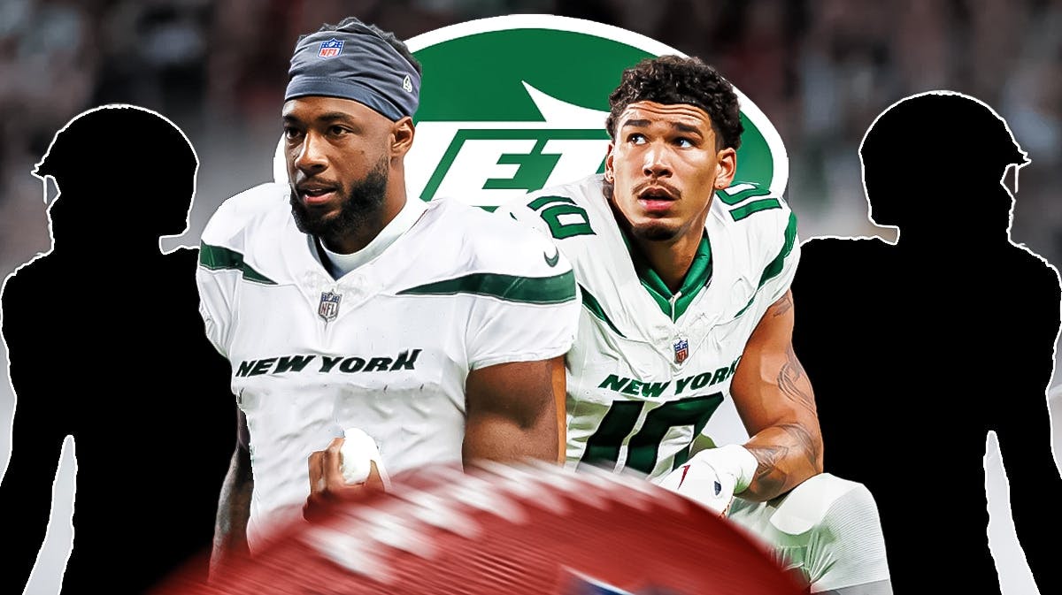 Mike Williams and Allen Lazard on one side, two silhouetted New York Jets players on other side, New York Jets logo, football field in background