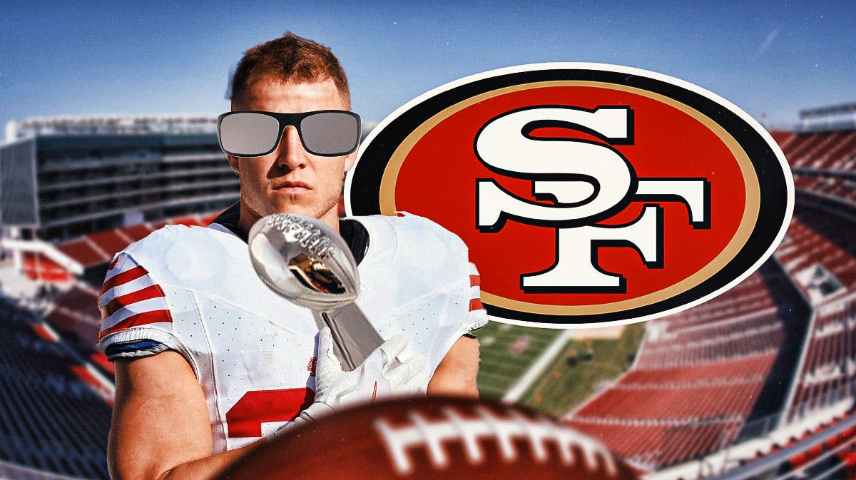 San Francisco 49ers RB Christian McCaffrey with big sunglasses and holding a trophy. There is also a logo for the San Francisco 49ers.