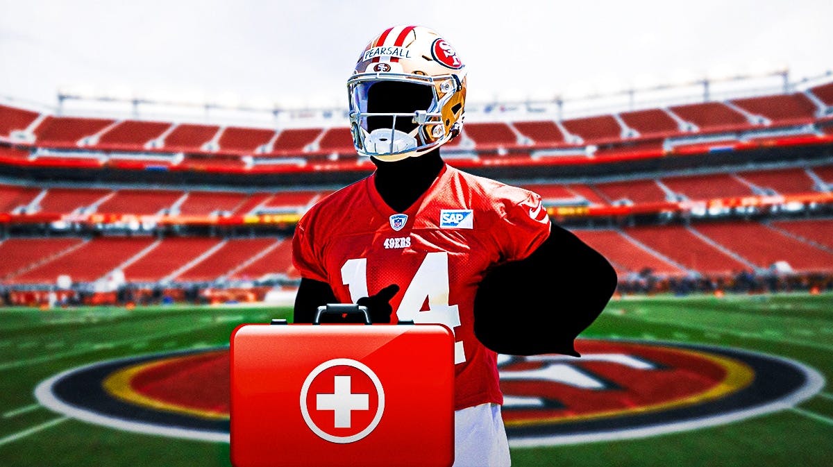 Silhouetted 49ers player with a first aid kit next to them.