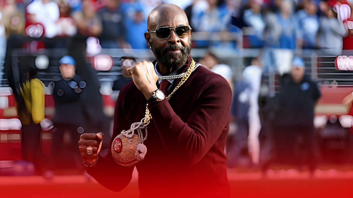 Jerry Rice going crazy, fists in the air, very angry