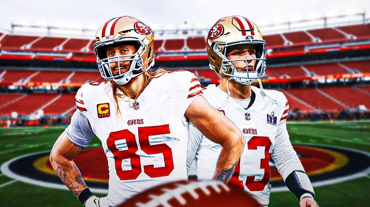 San Francisco 49ers stars George Kittle and Brock Purdy in front of Levi's Stadium.