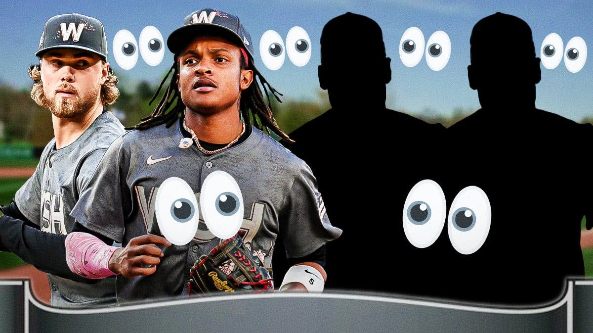 CJ Abrams and Jake Irvin on one side, two silhouettes of baseball players on the other side, a bunch of big eyes emojis in the background, MLB trade deadline