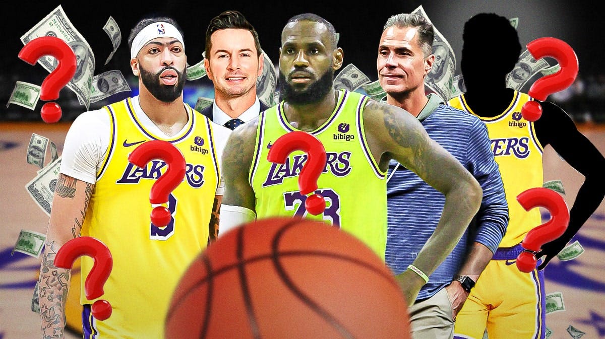 Lakers' LeBron James, Anthony Davis, Rob Pelinka, JJ Redick with cash and question marks all around