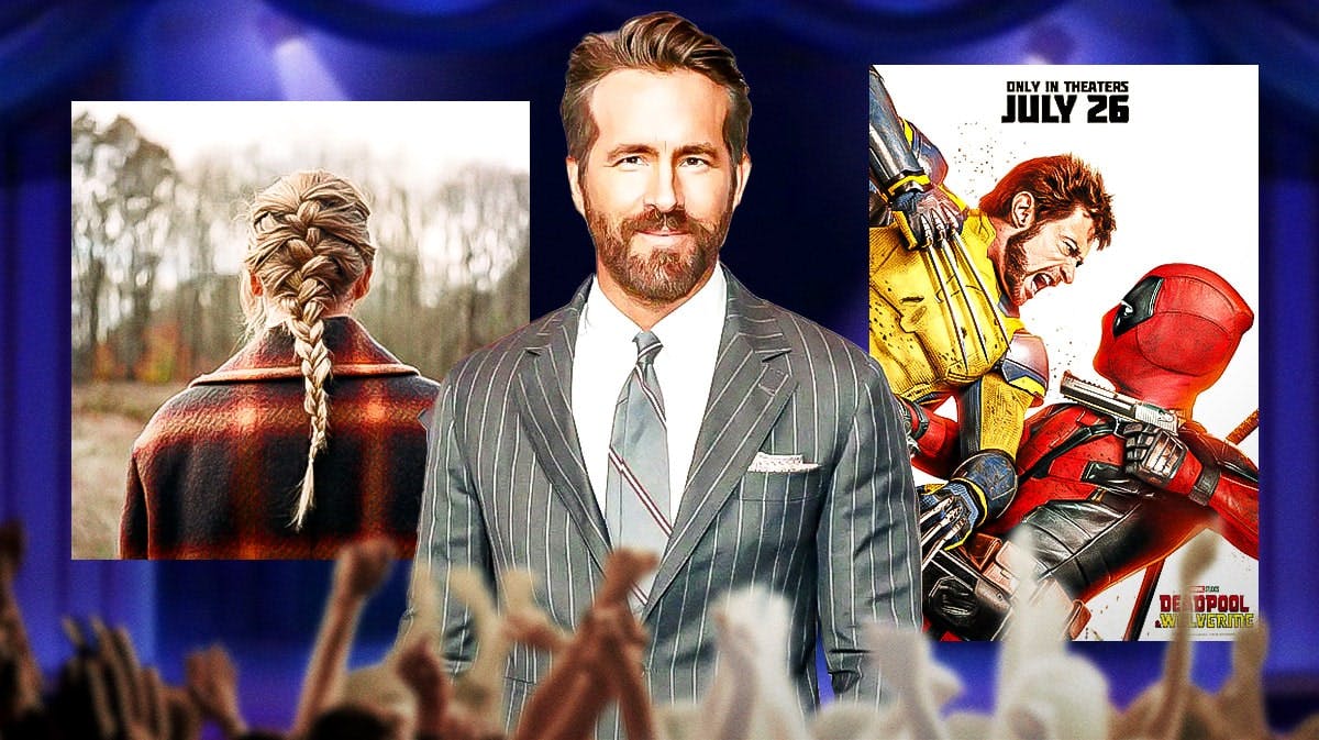 Ryan Reynolds in between Taylor Swift Evermore album cover and Deadpool and Wolverine poster.