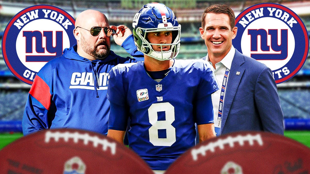 New York Giants QB Daniel Jones with head coach Brian Daboll and general manager Joe Schoen. There is also a logo for the New York Giants.