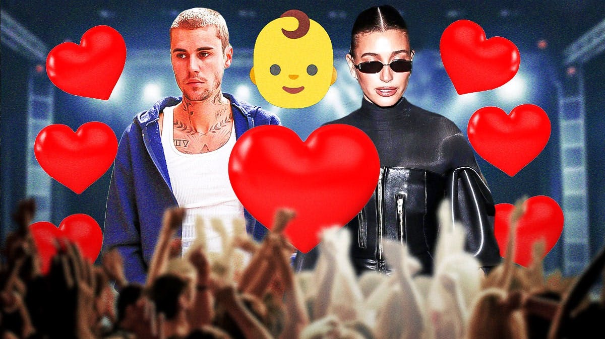 Hailey Bieber and Justin Bieber with hearts and a baby emoji
