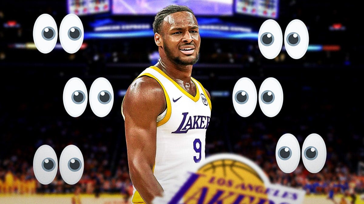 Bronny James (in a Los Angeles Lakers uniform if he isn't already) with a bunch of the big eyes emojis in the background