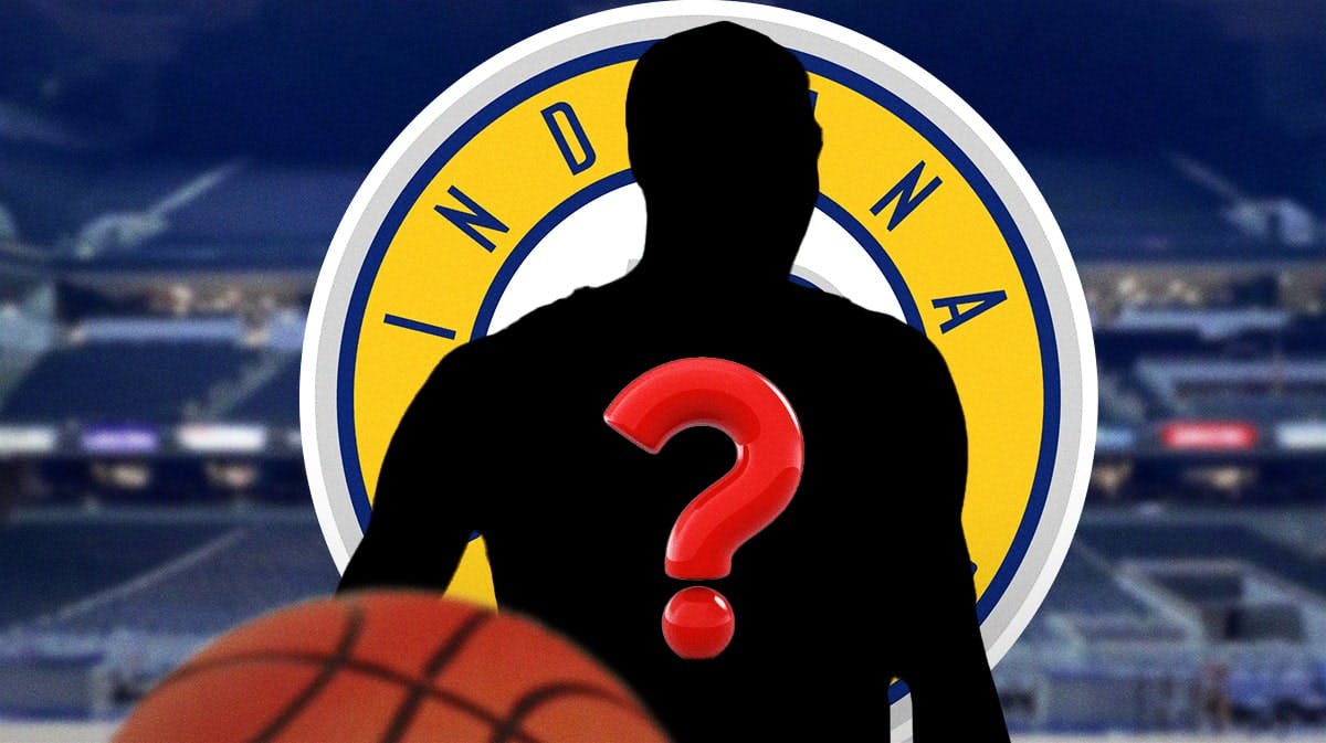 Silhouette of a basketball player with a big question mark emoji inside. There is also a logo for the Indiana Pacers.
