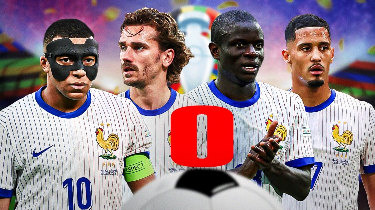 Kylian Mbappe, Antoine Griezmann, N'Golo Kante, William Saliba all in France kits with a big red "0" (zero) in front of them and a 2024 Euros background.