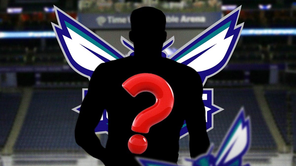 A silhouette of a basketball player with a big question mark emoji inside. There is also a logo for the Charlotte Hornets.