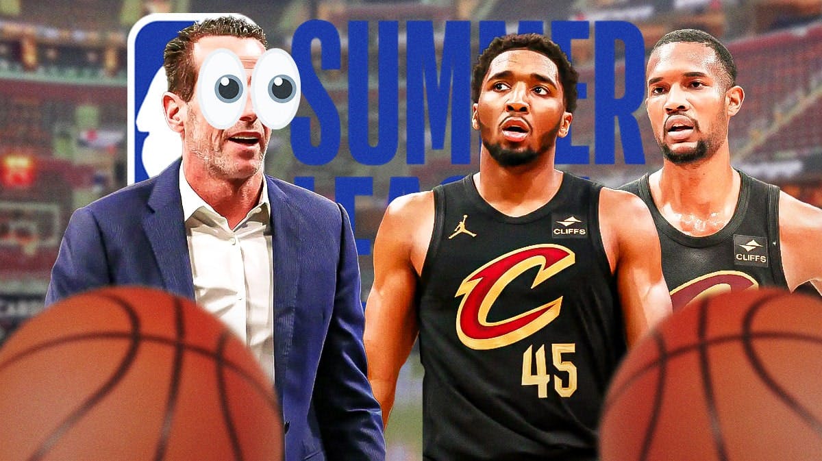 Cavs Kenny Atkinson with emoji eyes next to Donovan Mitchell, Evan Mobley and the 2024 Summer League logo