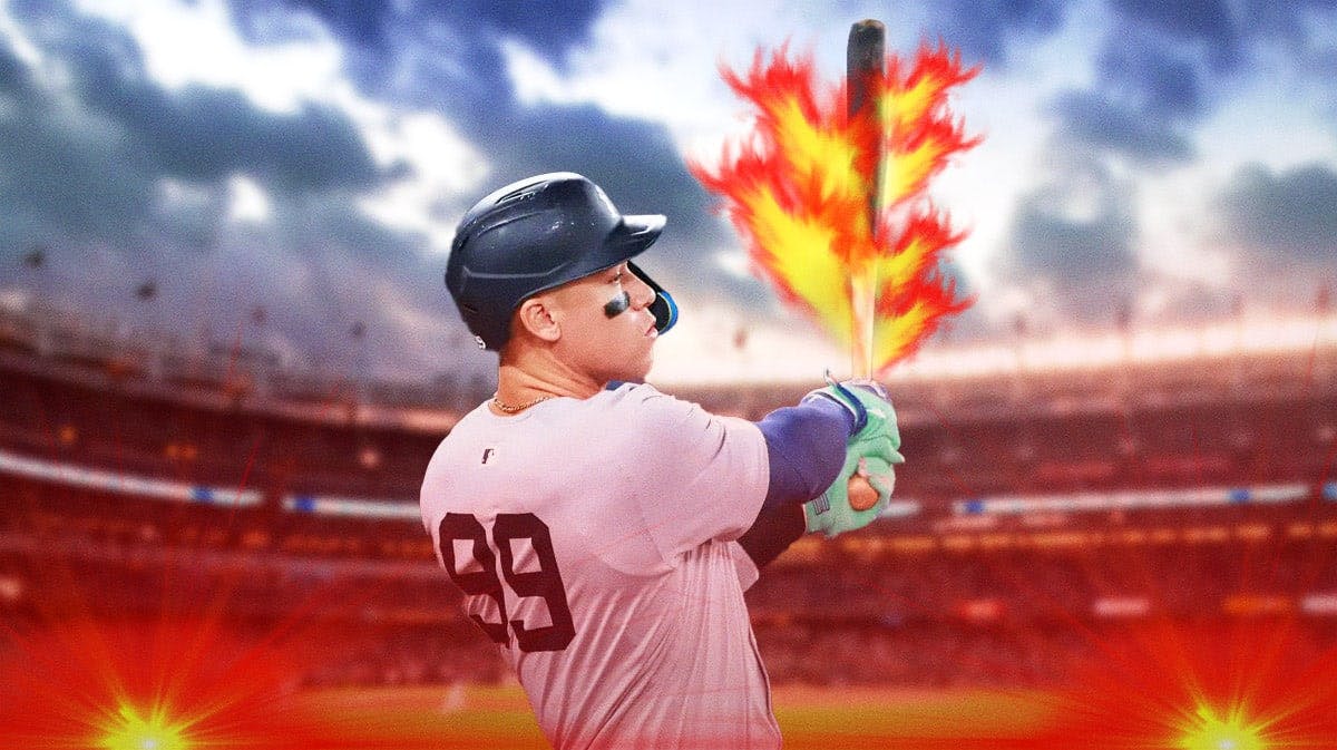New York Yankee Aaron Judge with a baseball bat in flames.