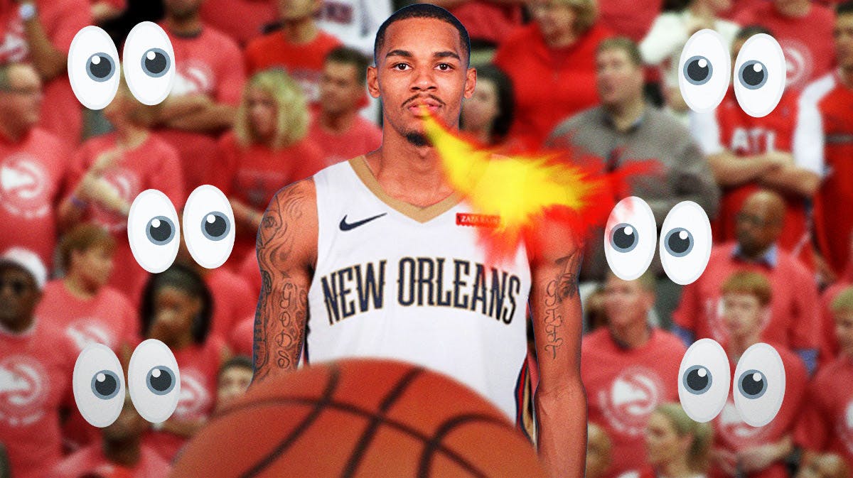 Dejounte Murray on one side in a New Orleans Pelicans uniform breathing fire, a bunch of Atlanta Hawks fans on the other side with the big eyes emojis around them