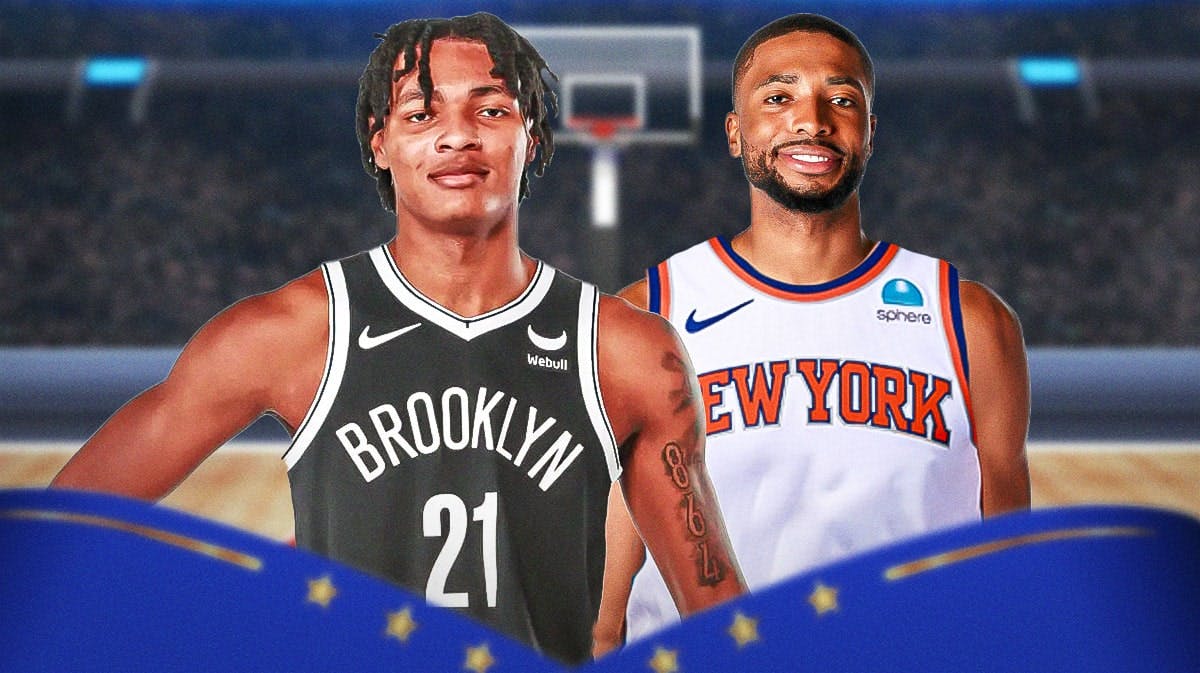 Noah Clowney (in Nets uniform) smiling next to Mikal Bridges in a Knicks jersey
