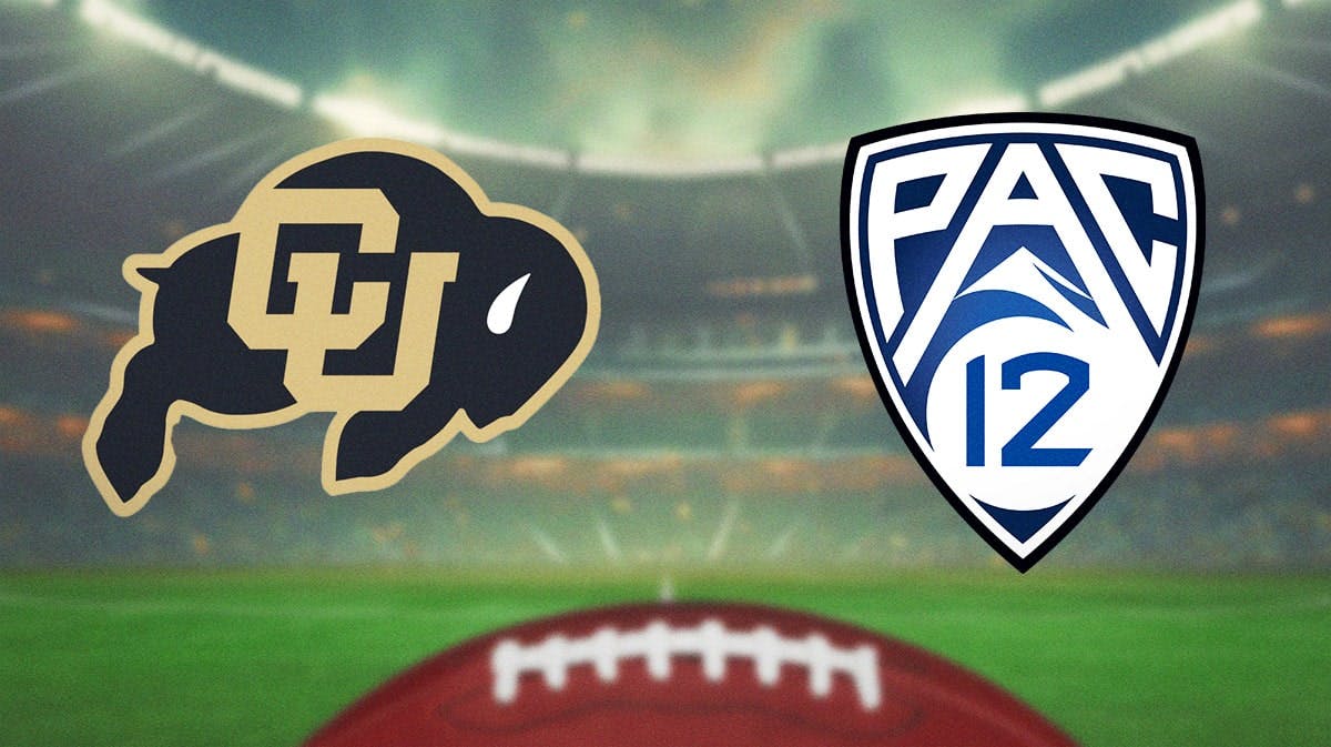 Colorado football logo sits next to Big 12, Pac-12 logo, Deion Sanders in background