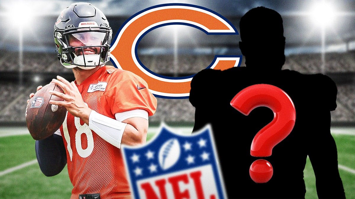 Chicago Bears QB Caleb Williams next to a silhouette of an American football player with a big question mark emoji inside. There is also a logo for the Chicago Bears.