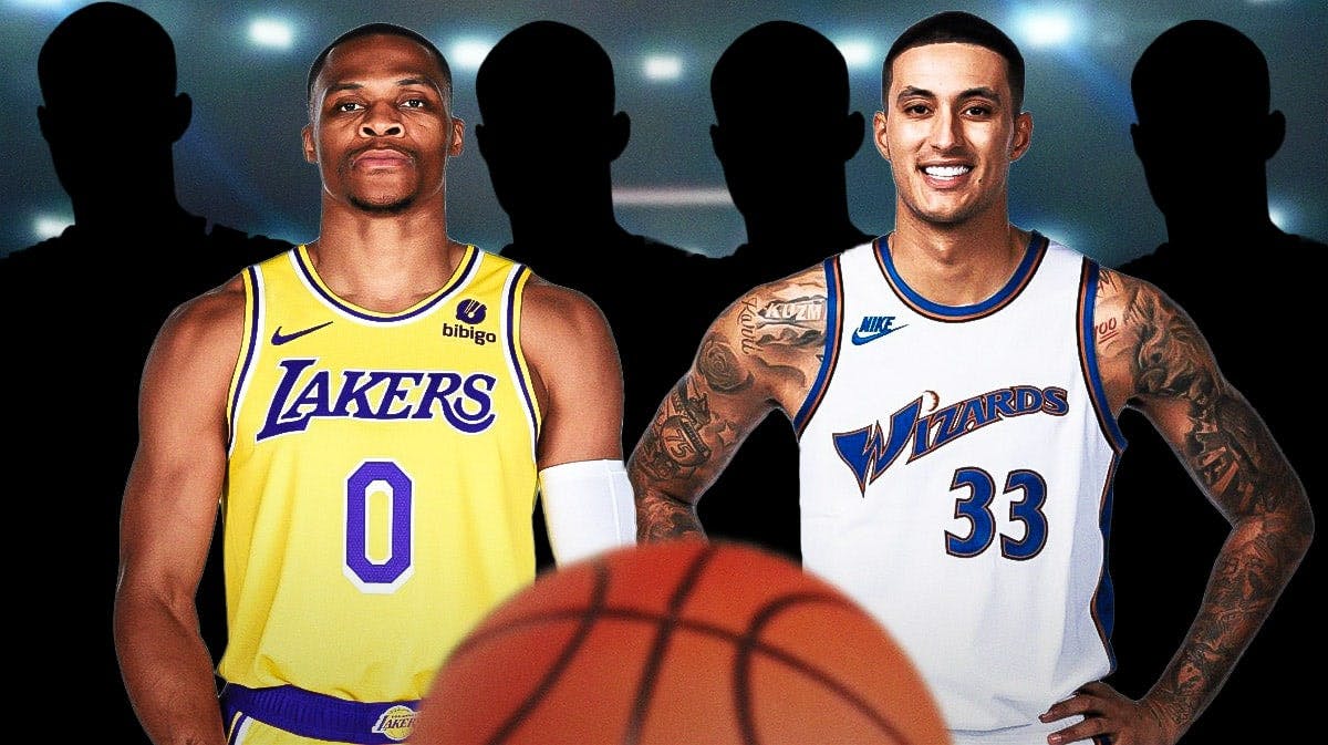 Russell Westbrook in a Lakers jersey next to Kyle Kuzma in a Wizards jersey surrounded by four silhouettes of basketball players. Wizards background.