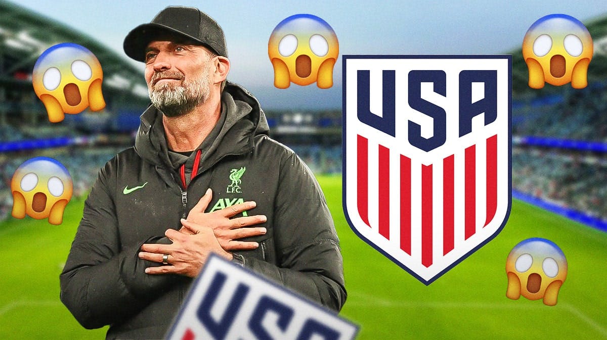 Jurgen Klopp on one side, the USMNT logo on the other side, a bunch of shocked emojis in the background