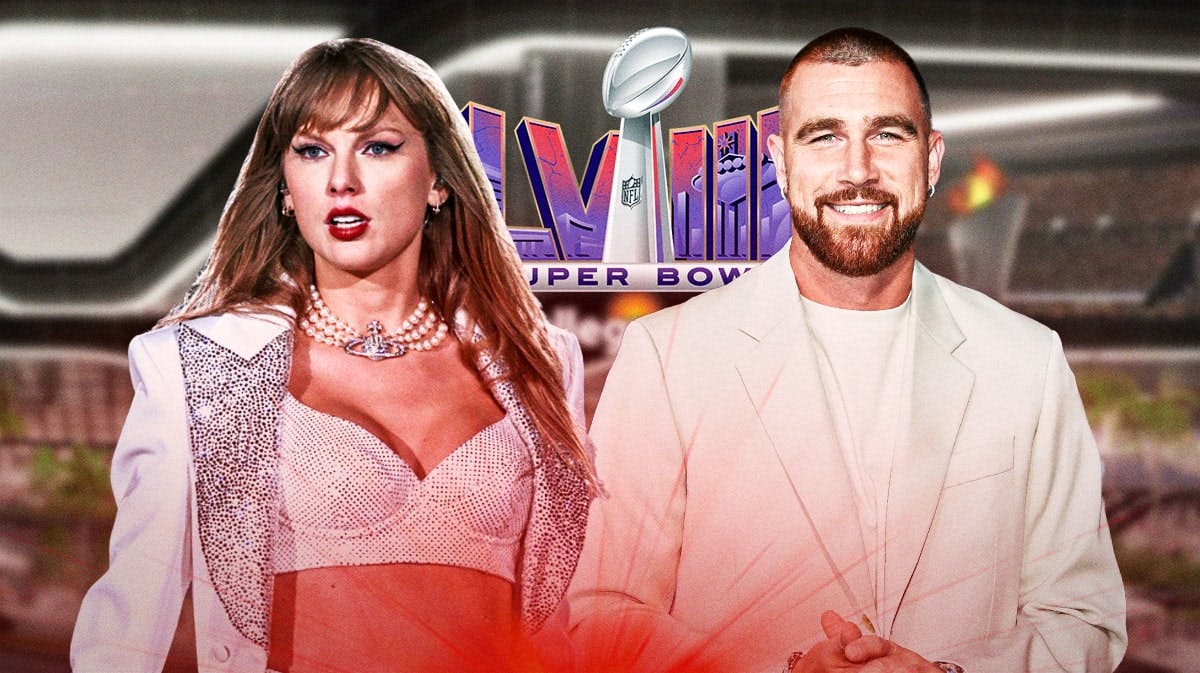 Taylor Swift and Travis Kelce in front of Super Bowl LVIII logo and Allegiant Stadium.