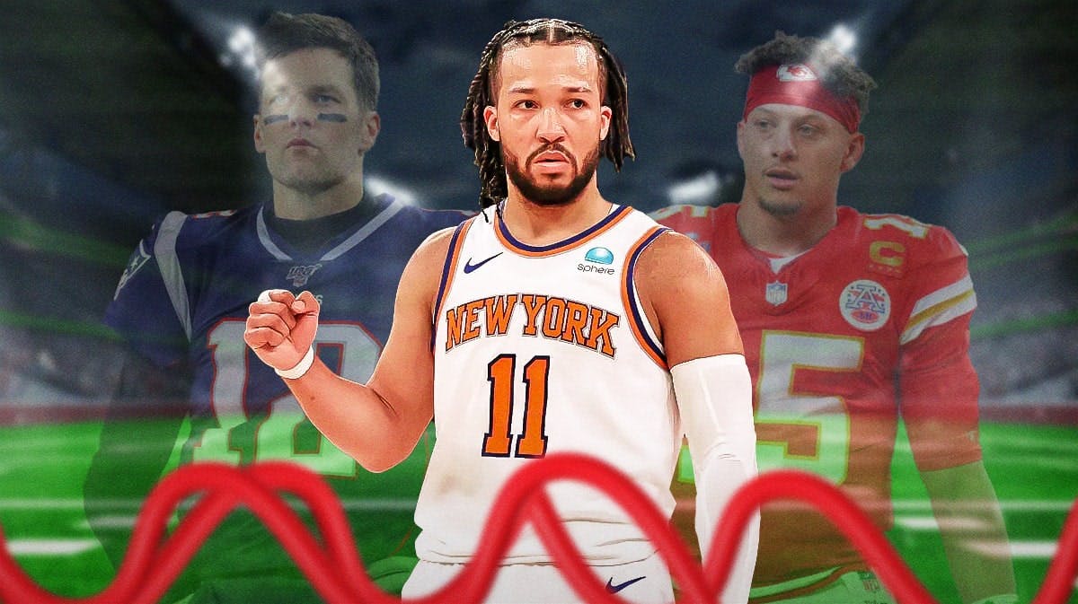 New York Knicks guard Jalen Brunson with Patrick Mahomes and Tom Brady behind him