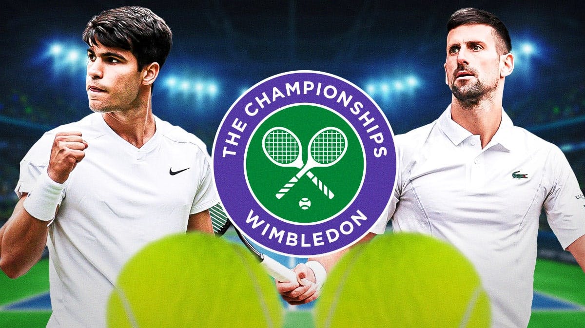 Tennis players Carlos Alcaraz and Novak Djokovic and the Wimbledon logo