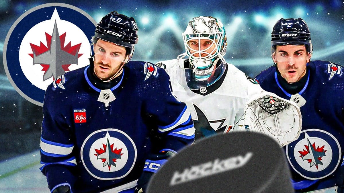 Colin Miller, Kaapo Kahkonen and Dylan DeMelo in image, Winnipeg Jets logo, hockey rink in background