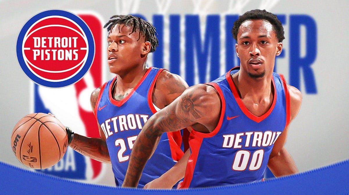 NBA summer league logo background, Pistons logo surrounded by Marcus Sasser, Ron Holland II, both in Pistons jerseys