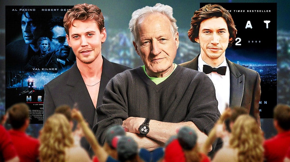 Austin Butler, Michael Mann, and Adam Driver with Heat poster and Heat 2 book cover.