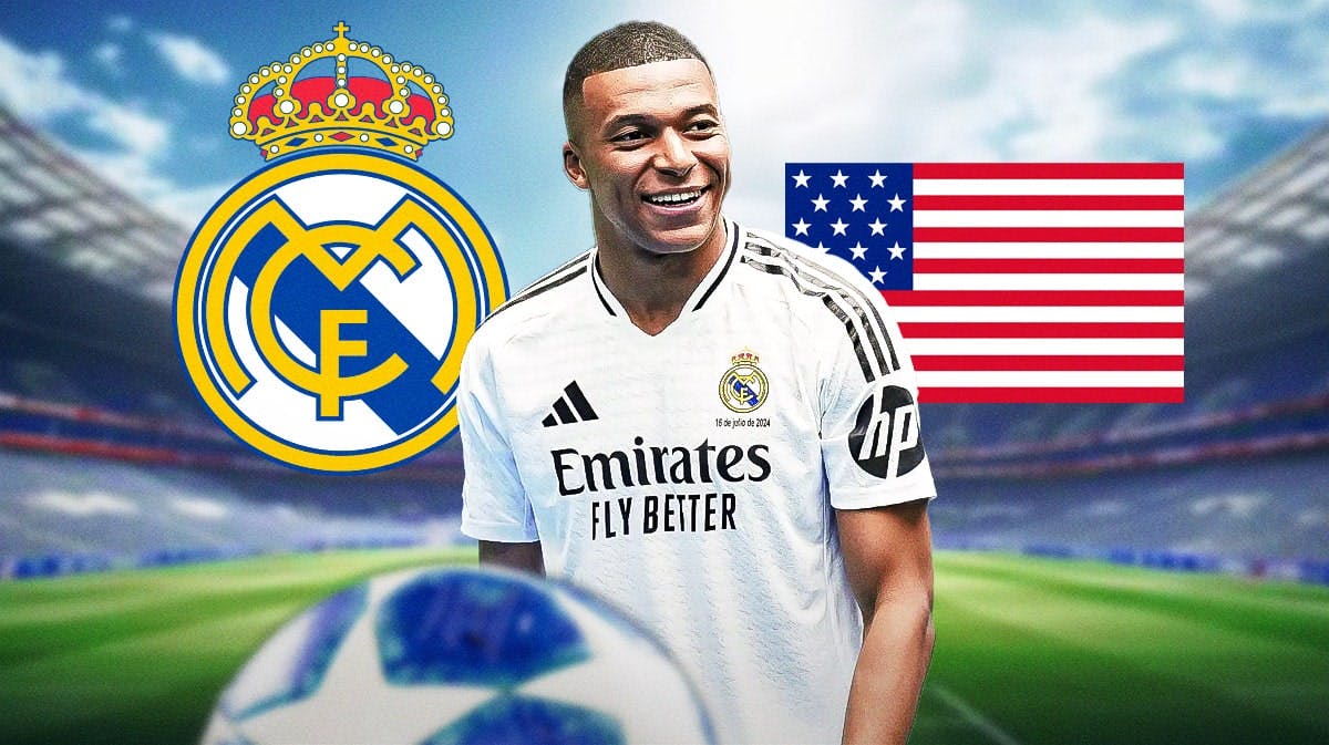 Kylian Mbappe in front of the Real Madrid logo and the American flag