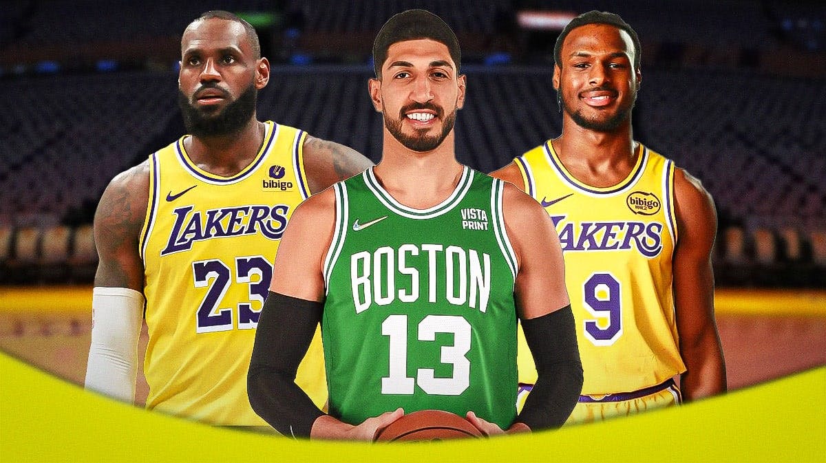 Los Angeles Lakers player LeBron James, former NBA player Enes Kanter Freedom, and Lakers player Bronny James