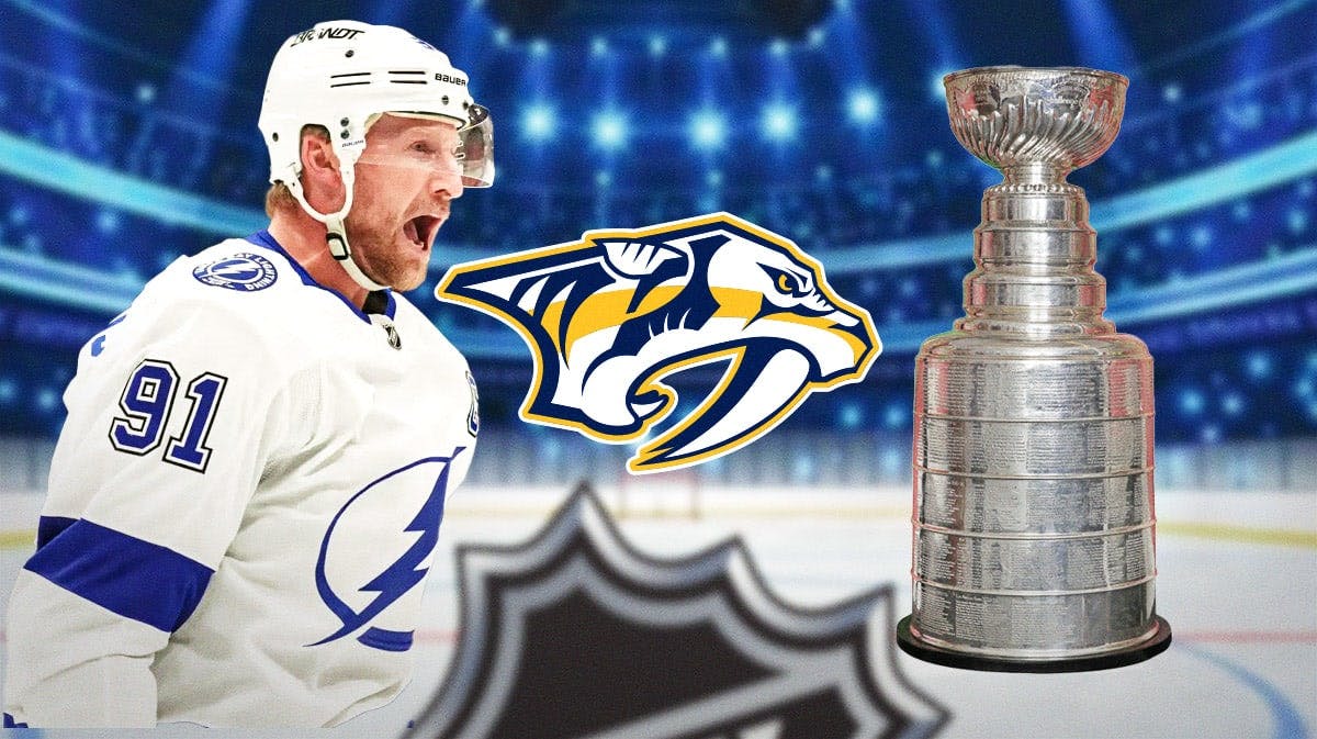 Steven Stamkos in middle of image looking happy, Nashville Predators logo on one side and Stanley Cup on the other, hockey rink in background