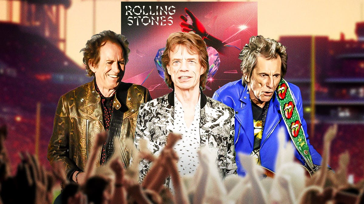 Rolling Stones members Keith Richards, Mick Jagger, and Ronnie Wood with Hackney Diamonds album cover with Levi's Stadium background, where the Stones performed the latest show on their 2024 tour.