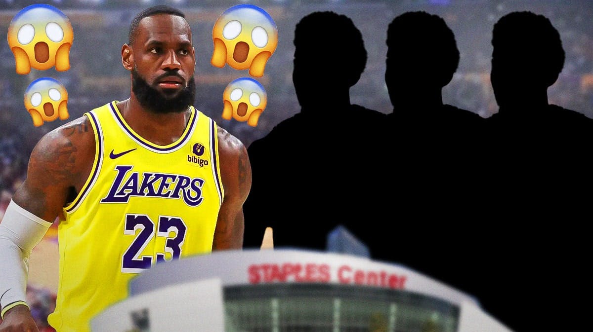 LeBron James on one side, silhouettes of three people on the other side, a bunch of shocked emojis in the background. Lakers, ESPN