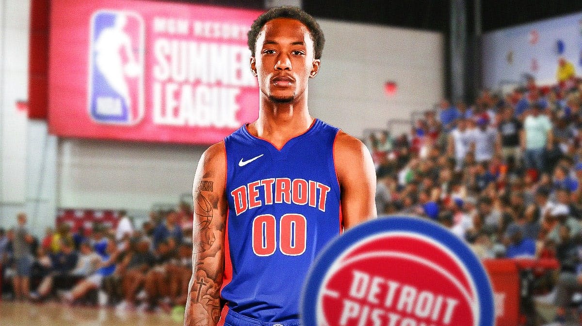 Ron Holland II in a Pistons jersey in action with an NBA Summer League background