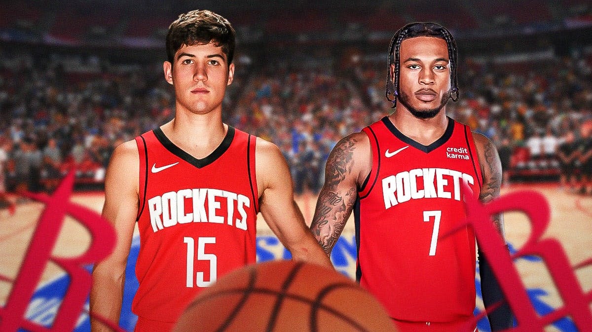 Reed Sheppard and Cam Whitmore in Rockets jerseys with Rockets logo and Summer League background