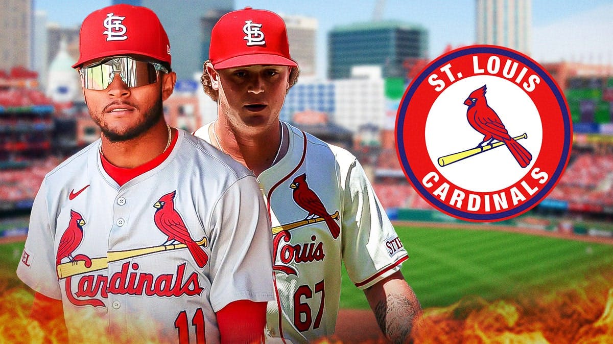 St. Louis Cardinals prospects Victor Scott and Gordon Graceffo next to St. Louis Cardinals logo