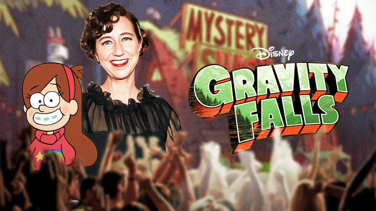 Kristen Schaal with Gravity Falls logo, Mabel, and Mystery Shack background.
