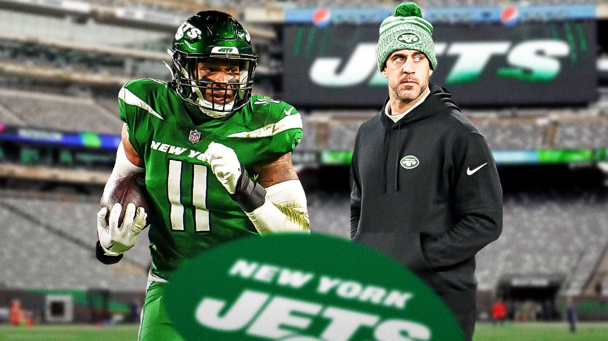 New York Jets' Jermaine Johnson on the left, Aaron Rodgers on the right.