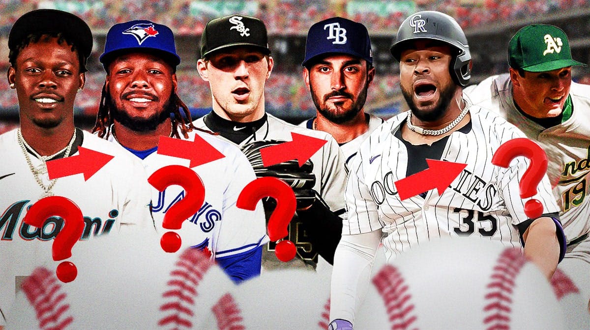 Jazz Chisholm Jr. Vladimir Guerrero Jr. Garrett Crochet, Zach Eflin, Elias Diaz, Mason Miller all together. Question marks and arrows pointing every which way around the graphic.