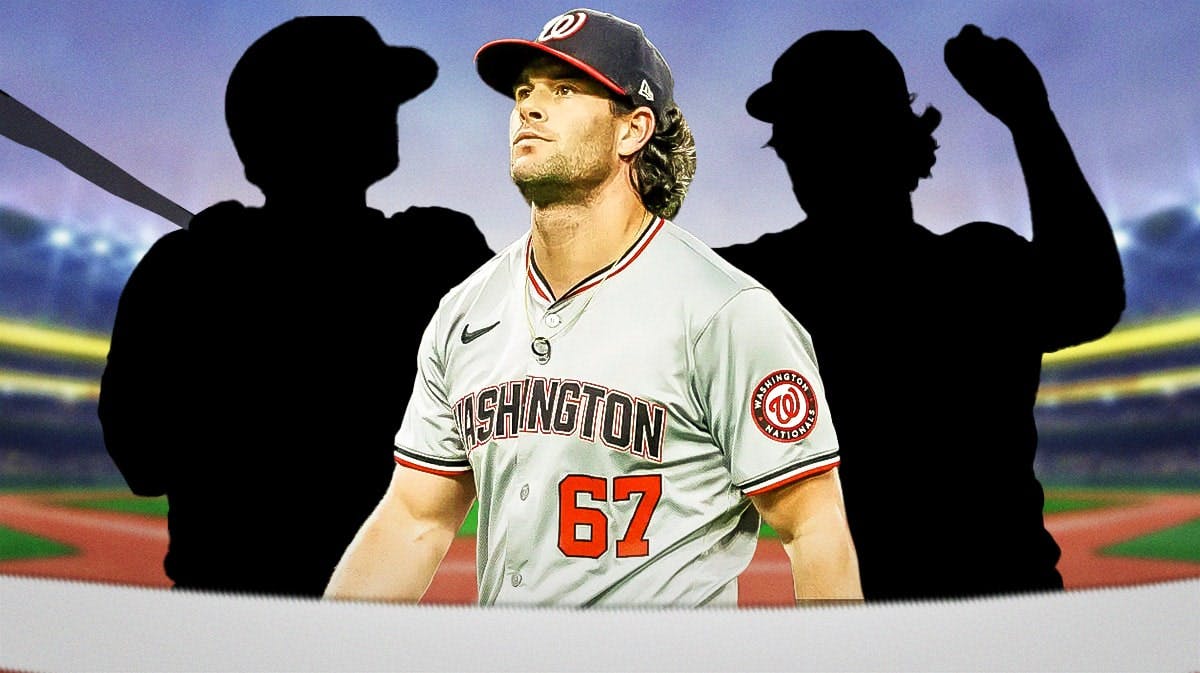 Kyle Finnegan in the middle, a silhouette of a baseball hitter on one side, a silhouette of a baseball pitcher on the other side. MLB trade deadline