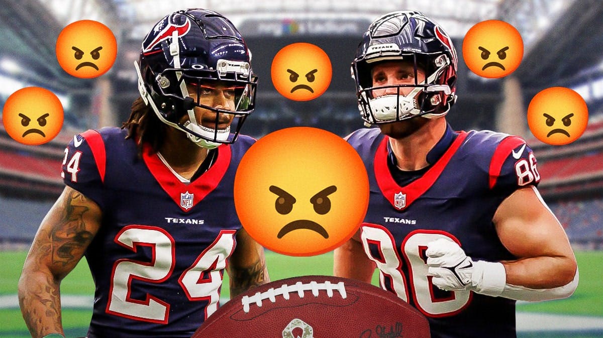 Derek Stingley looks angry at Dalton Schultz in Texans jerseys, angry emojis around them