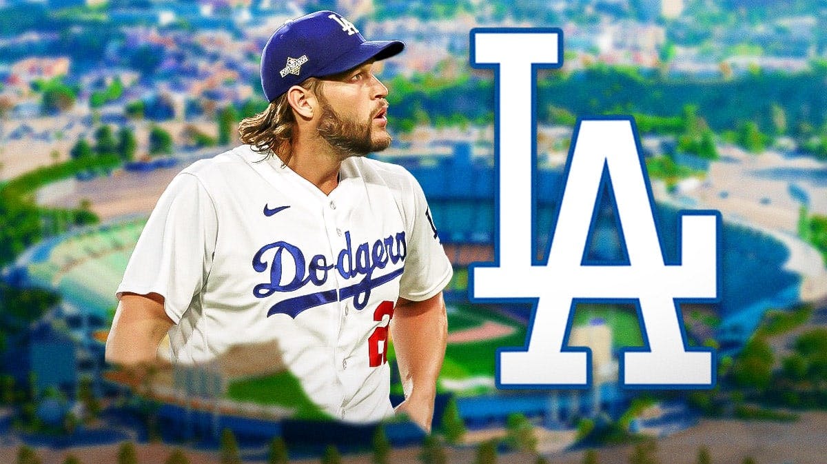 Clayton Kershaw in front of Dodgers logo