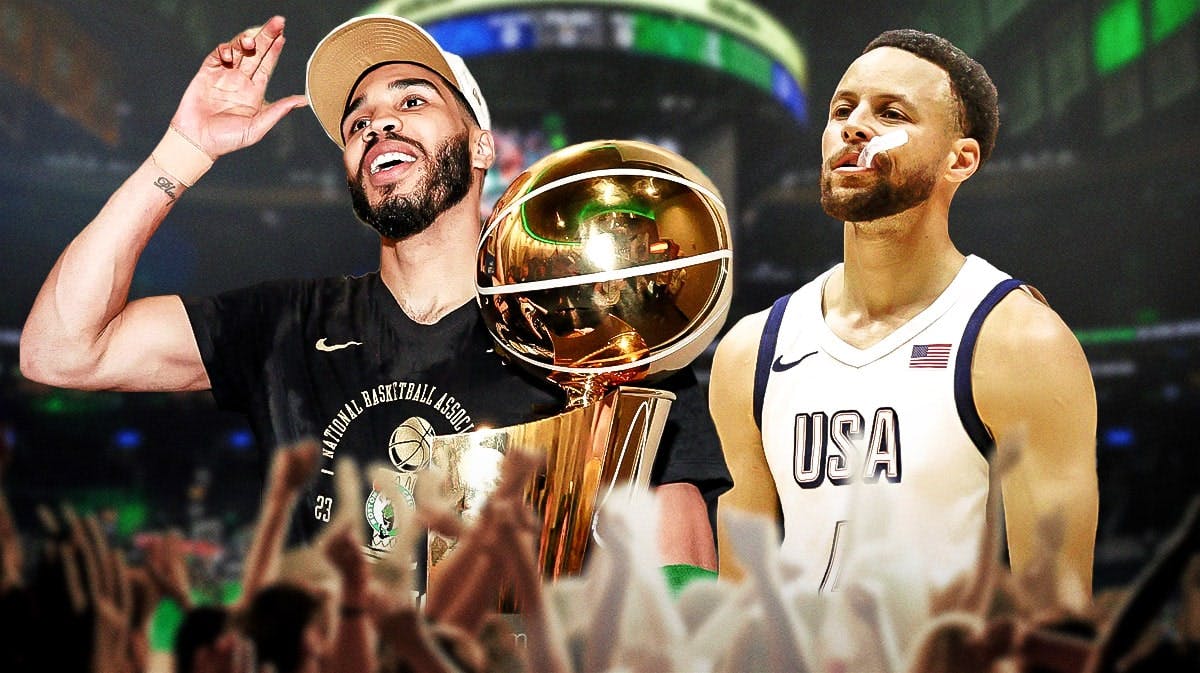Celtics Jayson Tatum holding the 2024 NBA Finals trophy and smiling. Have Stephen Curry in a 2024 Team USA uniform looking at Tatum.
