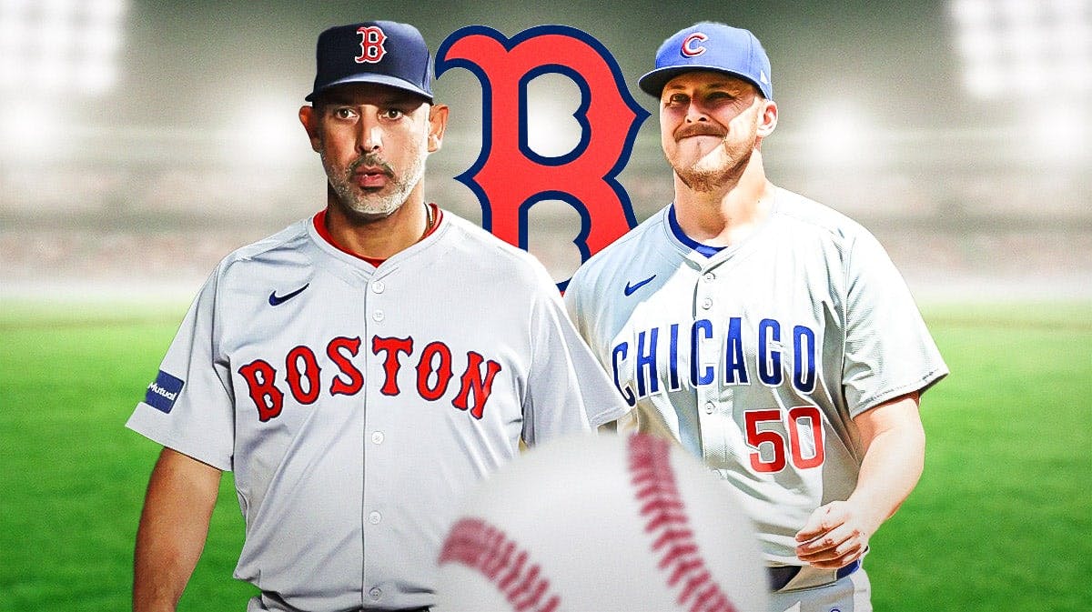 Alex Cora and Jameson Taillon in front of Red Sox logo