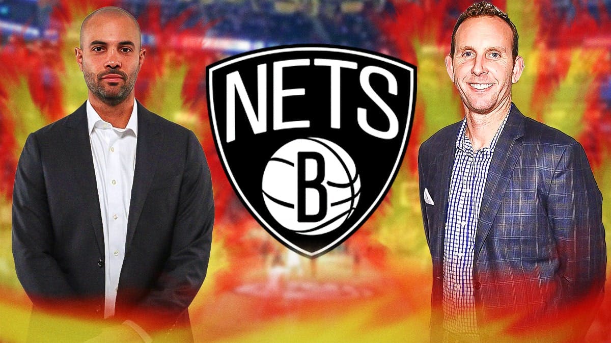 Nets Jordi Fernandez and Sean Marks surrounded by fire