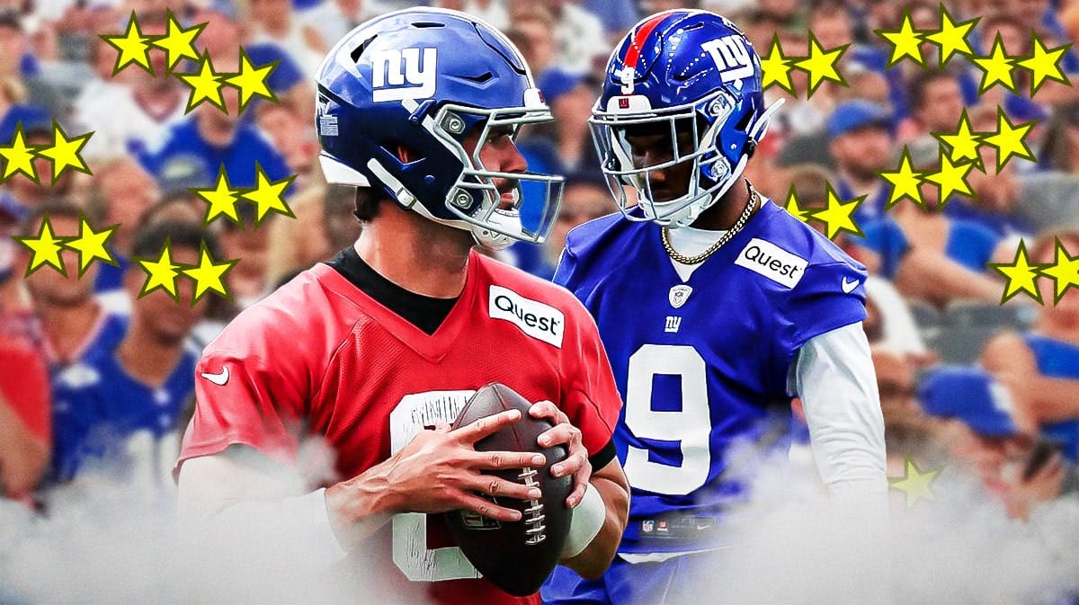 Daniel Jones and Malik Nabers (in a New York Giants uniform if he isn't already) on one side, a bunch of New York Giants fans on the other side with stars in their eyes